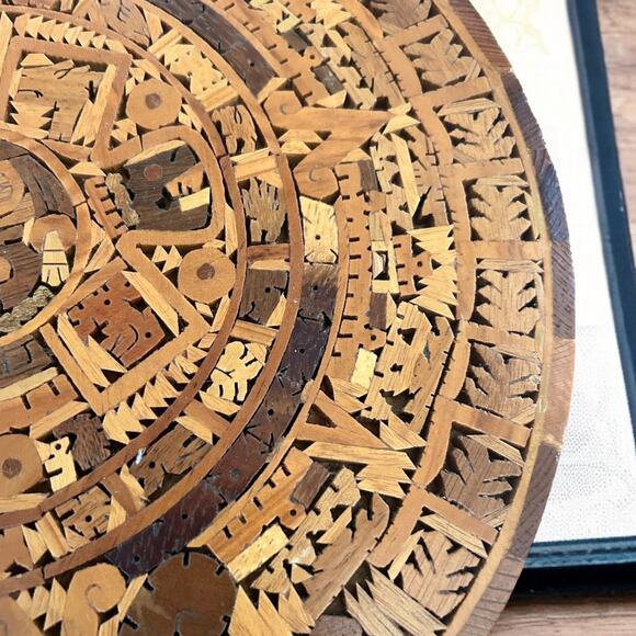 Vintage Aztec Calendar Hand Carved Inlay Wood Art Mexican Mexico Decor Holiday - Picture 3 of 11